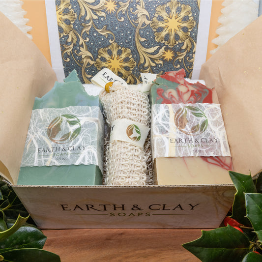 Custom Gift Box (Two Large Soap Bars, Exfoliating Soap Satchel & Luxurious Face Towel)